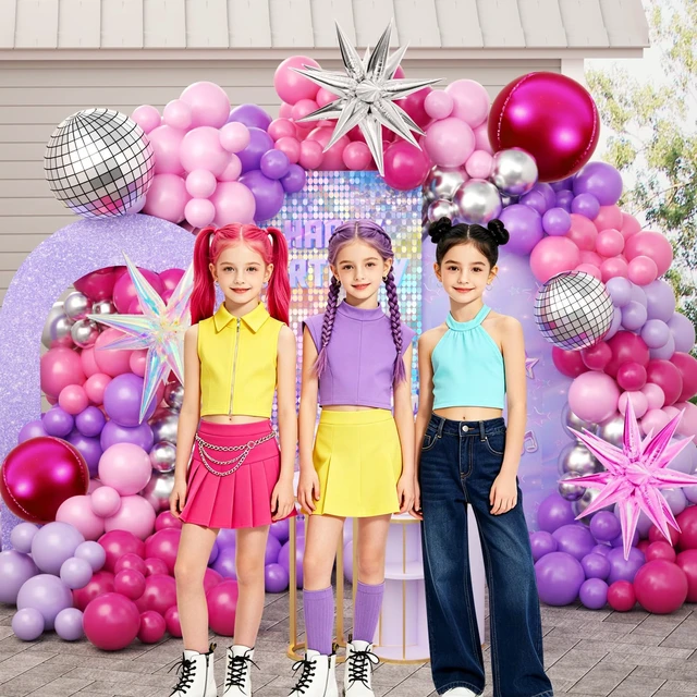 Alt view image 6 of 7 - 172Pcs K-Pop Music Balloon Arch Kit, Metallic Silver Purple Pink Balloons Garland with Iridescent Star Disco Foils Balloons for Concert-Style Birthday Idol Showcase Fan Support Party Decor