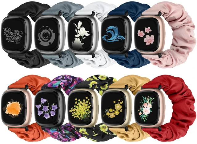 Main image of 10 PCS Compatible with Fitbit Versa 4/Sense 2/Versa 3/Sense Scrunchie Band, Soft Cute Pattern Printed Fabric Elastic Solo Loop Cloth Scrunchy Replacement Wristband for Women