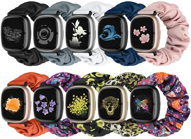 Main image of 10 PCS Compatible with Fitbit Versa 4/Sense 2/Versa 3/Sense Scrunchie Band, Soft Cute Pattern Printed Fabric Elastic Solo Loop Cloth Scrunchy Replacement Wristband for Women