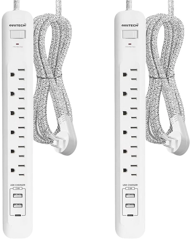 Main image of 2 Pack Power Strip Surge Protector 6 Outlets with 3USB Ports White 10Ft Extension Cord, 1 USB C, 1875W/15A, Flat Plug, Wall Mount Desk Charging Station for Home Office, Dorm Room
