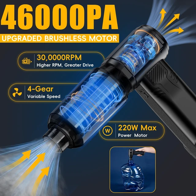 Alt view image 4 of 7 - Compressed Air Duster and Vacuum, 4-in-1 Cordless Mini Electric Blower 300,000RPM Rechargeable Dust Gun, High-Power Car Vacuum Cleaner for Pet Hair/PC/Office, 4-Gear Adjustable Handheld Turbo Fan