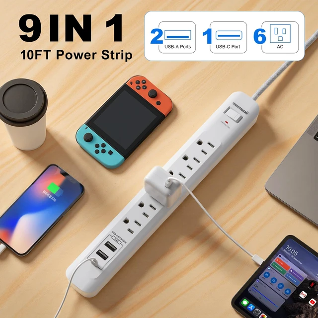 Alt view image 2 of 7 - 2 Pack Power Strip Surge Protector 6 Outlets with 3USB Ports White 10Ft Extension Cord, 1 USB C, 1875W/15A, Flat Plug, Wall Mount Desk Charging Station for Home Office, Dorm Room