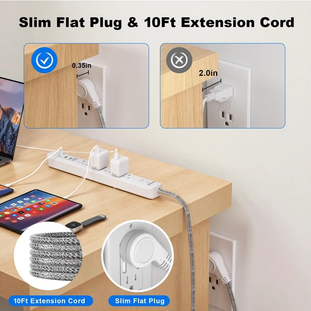 Alt view image 3 of 7 - 2 Pack Power Strip Surge Protector 6 Outlets with 3USB Ports White 10Ft Extension Cord, 1 USB C, 1875W/15A, Flat Plug, Wall Mount Desk Charging Station for Home Office, Dorm Room