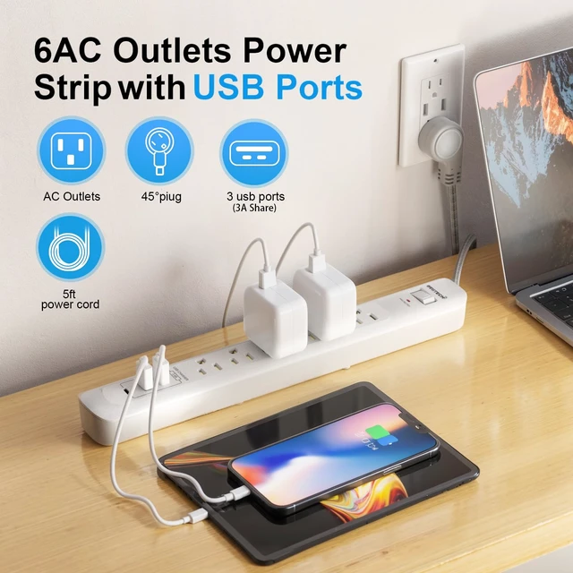 Alt view image 4 of 7 - 2 Pack Power Strip Surge Protector 6 Outlets with 3USB Ports White 10Ft Extension Cord, 1 USB C, 1875W/15A, Flat Plug, Wall Mount Desk Charging Station for Home Office, Dorm Room