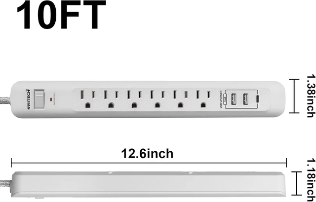 Alt view image 5 of 7 - 2 Pack Power Strip Surge Protector 6 Outlets with 3USB Ports White 10Ft Extension Cord, 1 USB C, 1875W/15A, Flat Plug, Wall Mount Desk Charging Station for Home Office, Dorm Room