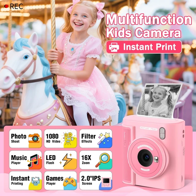 Alt view image 2 of 7 - Kids Camera Instant Print for 3-12 Year Olds, HD Digital Instant Print Camera for Boys & Girls, Ideal Christmas Birthday Gift with 32GB SD Card, Easy to Use - Pink