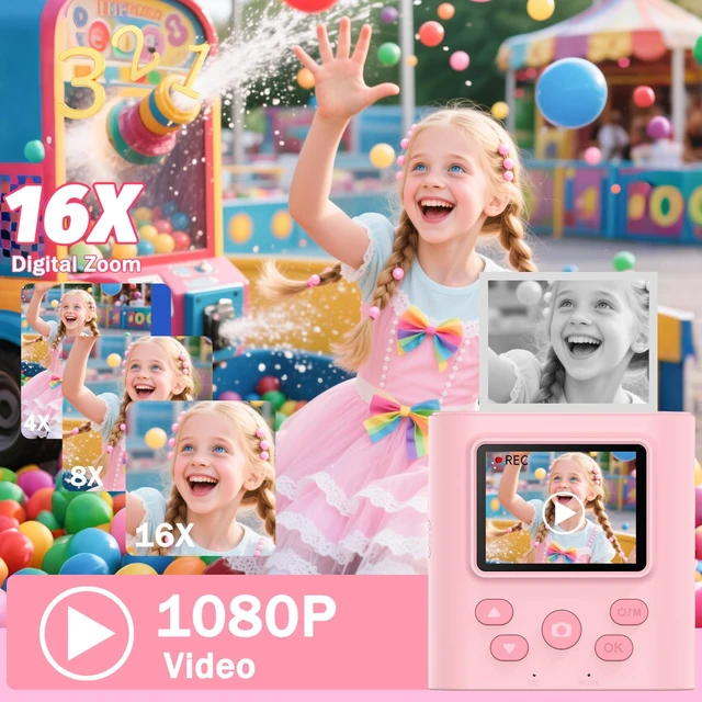 Alt view image 3 of 7 - Kids Camera Instant Print for 3-12 Year Olds, HD Digital Instant Print Camera for Boys & Girls, Ideal Christmas Birthday Gift with 32GB SD Card, Easy to Use - Pink