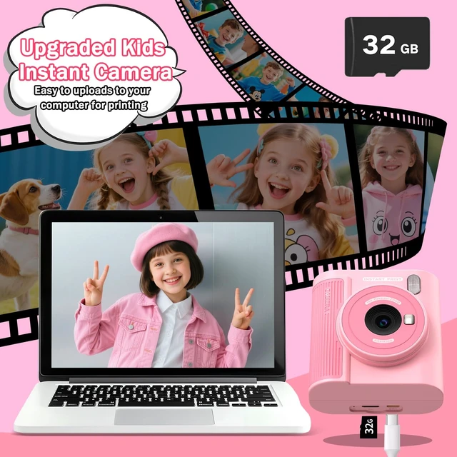Alt view image 4 of 7 - Kids Camera Instant Print for 3-12 Year Olds, HD Digital Instant Print Camera for Boys & Girls, Ideal Christmas Birthday Gift with 32GB SD Card, Easy to Use - Pink