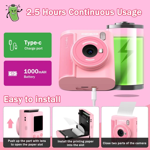 Alt view image 7 of 7 - Kids Camera Instant Print for 3-12 Year Olds, HD Digital Instant Print Camera for Boys & Girls, Ideal Christmas Birthday Gift with 32GB SD Card, Easy to Use - Pink