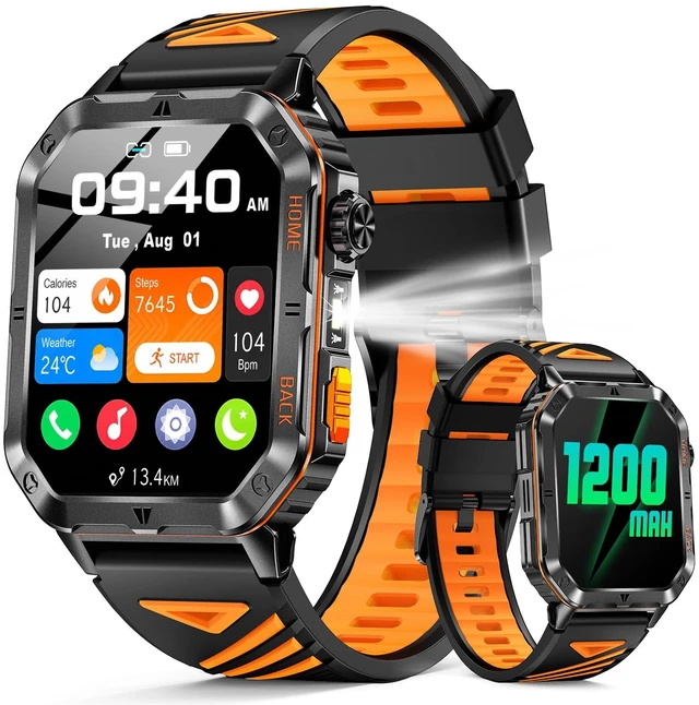 Main image of Military Smart Watch for Men, 2.01" Fitness Tracker, 1200mAh Long Battery LED Flashlight, Bluetooth Calling, IP68 Waterproof, 100+ Sports Modes, Activity Tracking, Compatible with Android & iPhone