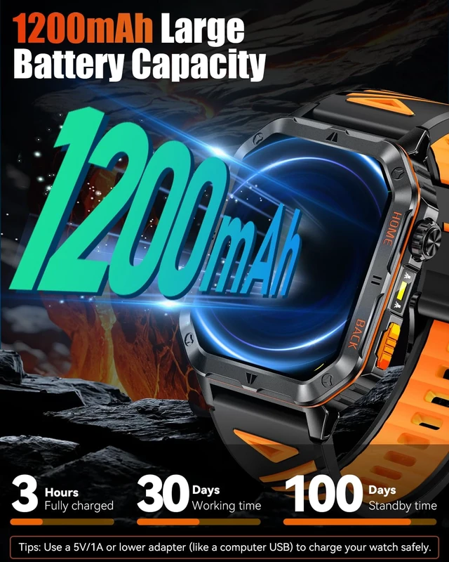 Alt view image 2 of 7 - Military Smart Watch for Men, 2.01" Fitness Tracker, 1200mAh Long Battery LED Flashlight, Bluetooth Calling, IP68 Waterproof, 100+ Sports Modes, Activity Tracking, Compatible with Android & iPhone