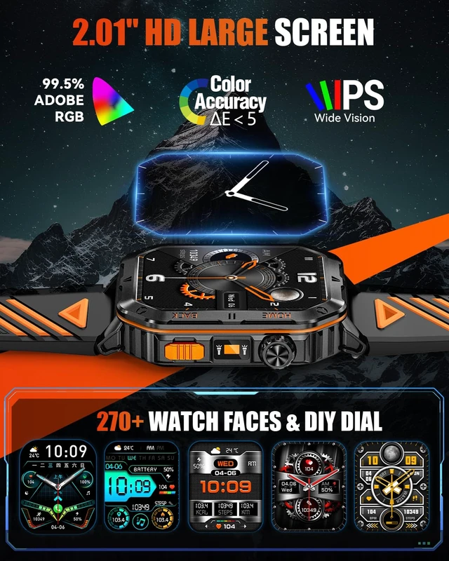 Alt view image 3 of 7 - Military Smart Watch for Men, 2.01" Fitness Tracker, 1200mAh Long Battery LED Flashlight, Bluetooth Calling, IP68 Waterproof, 100+ Sports Modes, Activity Tracking, Compatible with Android & iPhone