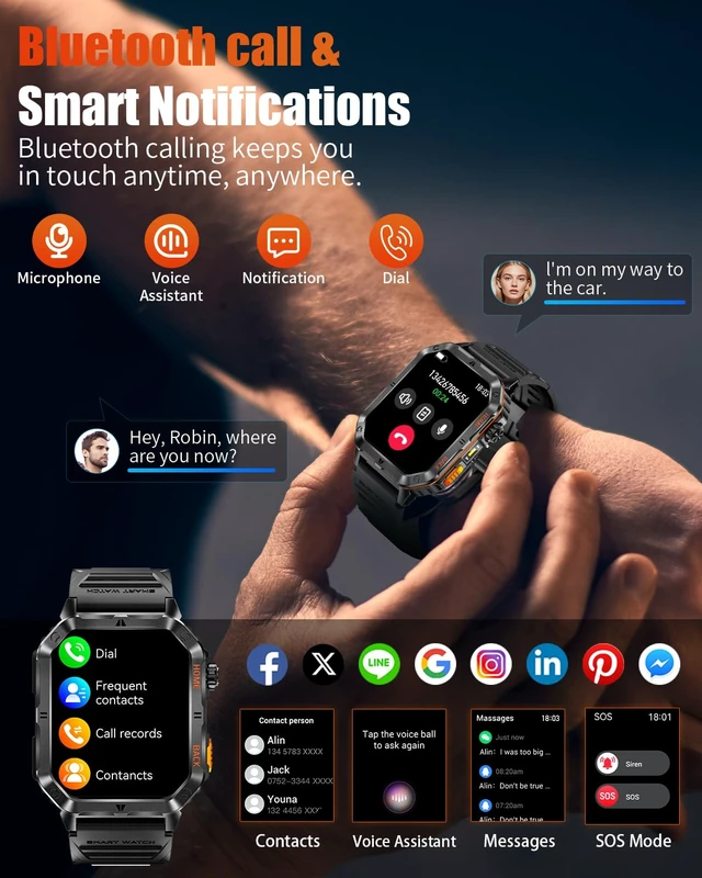 Alt view image 4 of 7 - Military Smart Watch for Men, 2.01" Fitness Tracker, 1200mAh Long Battery LED Flashlight, Bluetooth Calling, IP68 Waterproof, 100+ Sports Modes, Activity Tracking, Compatible with Android & iPhone