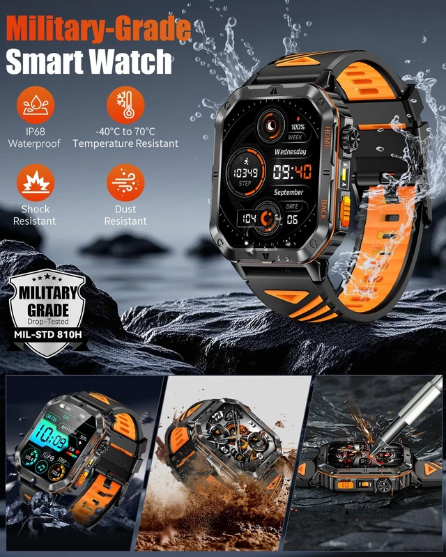 Alt view image 5 of 7 - Military Smart Watch for Men, 2.01" Fitness Tracker, 1200mAh Long Battery LED Flashlight, Bluetooth Calling, IP68 Waterproof, 100+ Sports Modes, Activity Tracking, Compatible with Android & iPhone