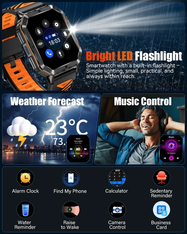 Alt view image 6 of 7 - Military Smart Watch for Men, 2.01" Fitness Tracker, 1200mAh Long Battery LED Flashlight, Bluetooth Calling, IP68 Waterproof, 100+ Sports Modes, Activity Tracking, Compatible with Android & iPhone
