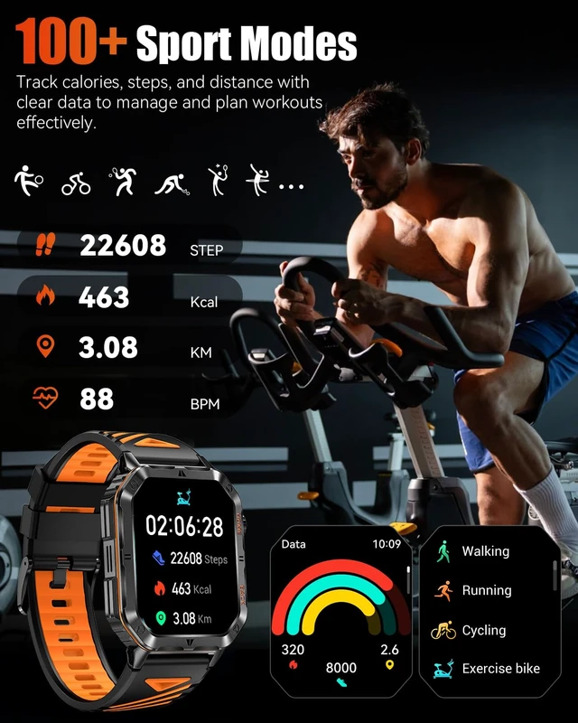 Alt view image 7 of 7 - Military Smart Watch for Men, 2.01" Fitness Tracker, 1200mAh Long Battery LED Flashlight, Bluetooth Calling, IP68 Waterproof, 100+ Sports Modes, Activity Tracking, Compatible with Android & iPhone