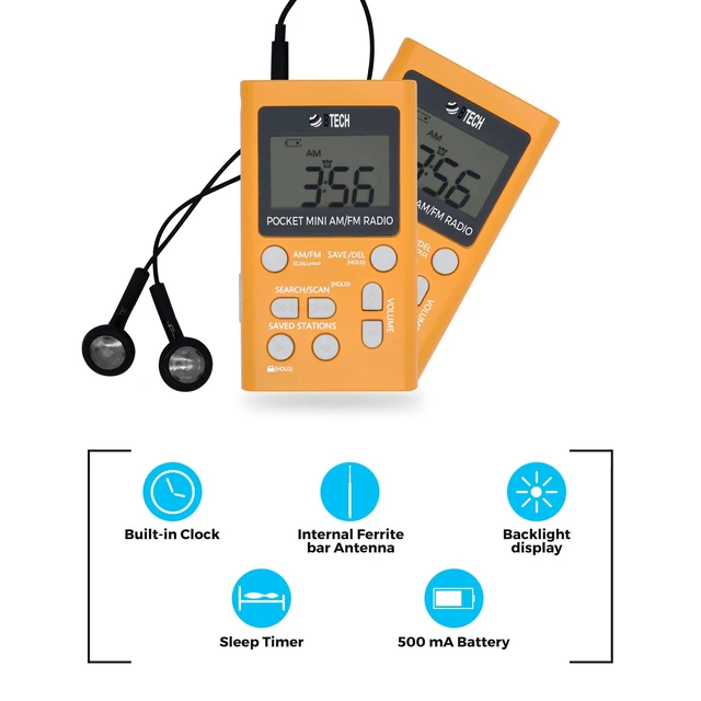 Alt view image 5 of 6 - MPR-AF1 AM FM Personal Radio with Two Types of Stereo Headphones, Clock, Great Reception and Long Battery Life, Mini Pocket Walkman Radio with Headphones (Orange)