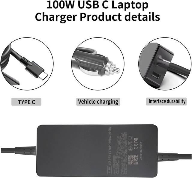 Alt view image 4 of 6 - 100W PD USB C Car Charger for Laptops, Compatible with Dell XPS/Latitude Precision, Lenovo ThinkPad Yoga IdeaPad, HP EliteBook Spectre, MacBook Pro Air, LG Gram and Chromebook, Fast Charging Adapter