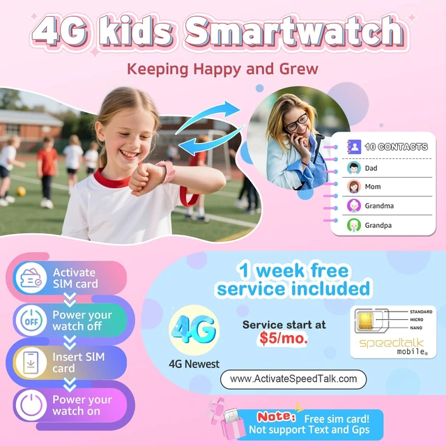 Alt view image 2 of 7 - 4G Kids Smart Watch - Smartwatch for Kids with SIM Card, SOS Call Camera Video Alarm Stopwatch AudioBook Music Games Pedometer Gift Toys for 4-12 Years Old Boys and Girls(Pink)