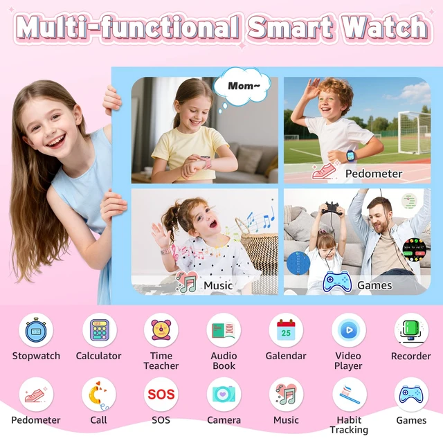 Alt view image 3 of 7 - 4G Kids Smart Watch - Smartwatch for Kids with SIM Card, SOS Call Camera Video Alarm Stopwatch AudioBook Music Games Pedometer Gift Toys for 4-12 Years Old Boys and Girls(Pink)