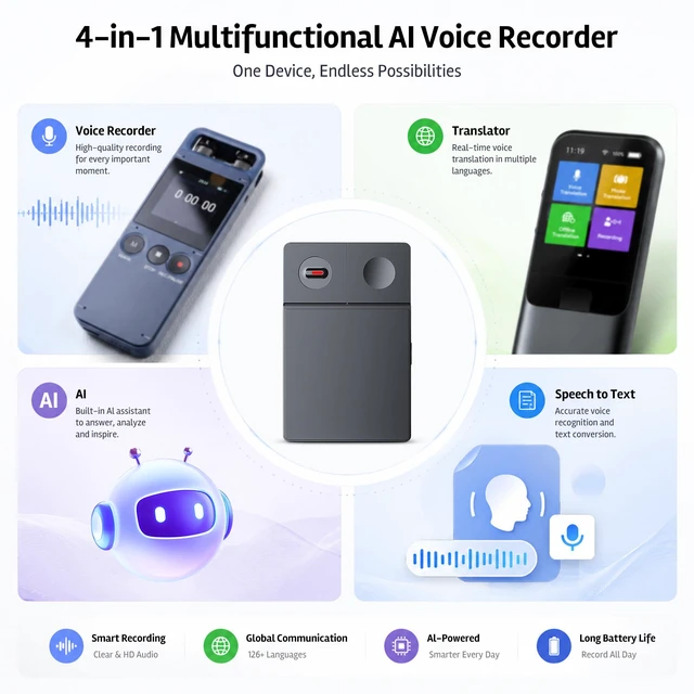 Alt view image 2 of 7 - AI Voice Recorder with App, 64GB Voice Recorder for Lectures Meetings Real-Time AI Transcription & Summary, AI Note Taker with MagSafe Magnetic, 55H Battery, 126 Languages for Interviews