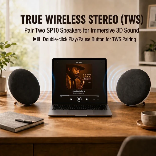 Alt view image 3 of 7 - Round Bluetooth Speaker, Dual 66mm Stereo Drivers, 3000mAh Battery UFOshaped minimalist retro style. Supports audio cable & Micro SD input, 20W loud output, premium sound & long battery life