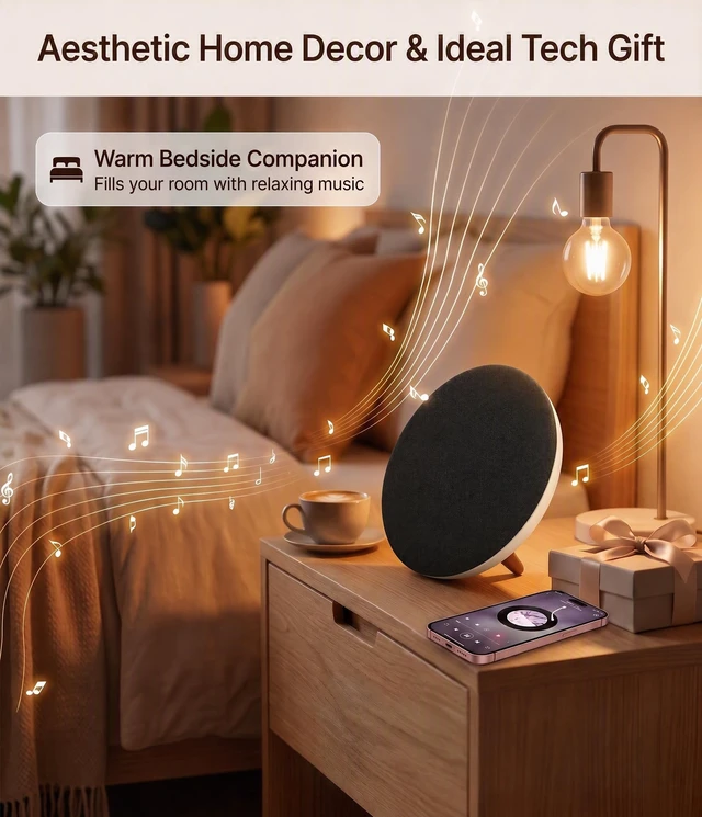 Alt view image 2 of 7 - Round Bluetooth Speaker, Dual 66mm Stereo Drivers, 3000mAh Battery UFOshaped minimalist retro style. Supports audio cable & Micro SD input, 20W loud output, premium sound & long battery life
