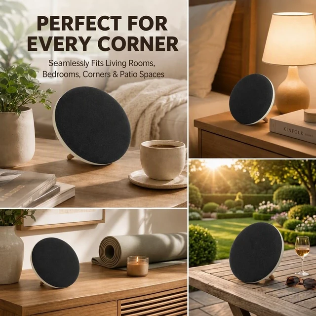 Alt view image 5 of 7 - Round Bluetooth Speaker, Dual 66mm Stereo Drivers, 3000mAh Battery UFOshaped minimalist retro style. Supports audio cable & Micro SD input, 20W loud output, premium sound & long battery life