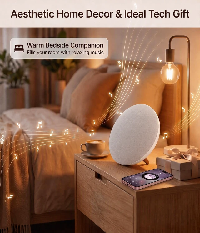 Alt view image 2 of 7 - Round Bluetooth Speaker, Dual 66mm Stereo Drivers, 3000mAh Battery UFOshaped minimalist retro style. Supports audio cable & Micro SD input, 20W loud output, premium sound & long battery life