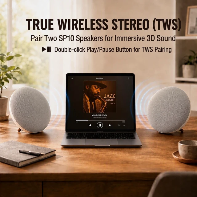 Alt view image 3 of 7 - Round Bluetooth Speaker, Dual 66mm Stereo Drivers, 3000mAh Battery UFOshaped minimalist retro style. Supports audio cable & Micro SD input, 20W loud output, premium sound & long battery life