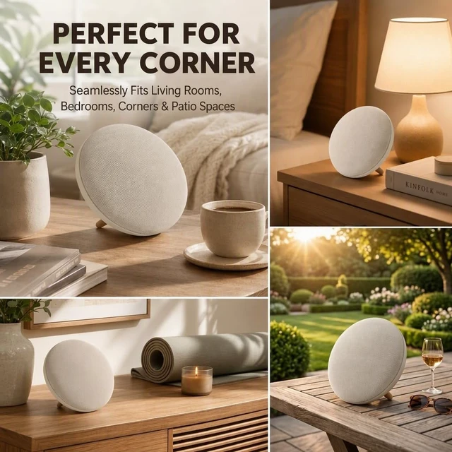Alt view image 5 of 7 - Round Bluetooth Speaker, Dual 66mm Stereo Drivers, 3000mAh Battery UFOshaped minimalist retro style. Supports audio cable & Micro SD input, 20W loud output, premium sound & long battery life