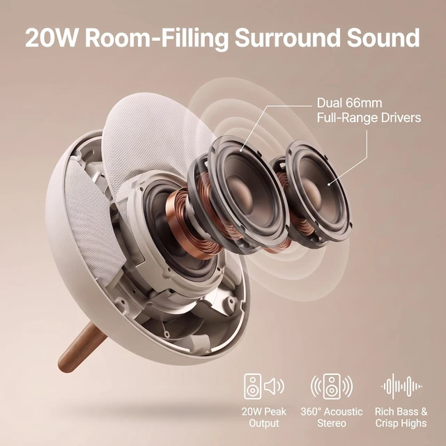 Alt view image 4 of 7 - Round Bluetooth Speaker, Dual 66mm Stereo Drivers, 3000mAh Battery UFOshaped minimalist retro style. Supports audio cable & Micro SD input, 20W loud output, premium sound & long battery life