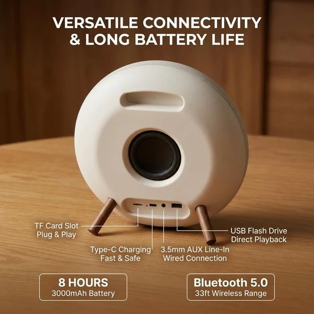 Alt view image 6 of 7 - Round Bluetooth Speaker, Dual 66mm Stereo Drivers, 3000mAh Battery UFOshaped minimalist retro style. Supports audio cable & Micro SD input, 20W loud output, premium sound & long battery life