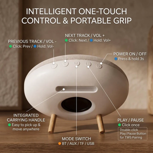 Alt view image 7 of 7 - Round Bluetooth Speaker, Dual 66mm Stereo Drivers, 3000mAh Battery UFOshaped minimalist retro style. Supports audio cable & Micro SD input, 20W loud output, premium sound & long battery life