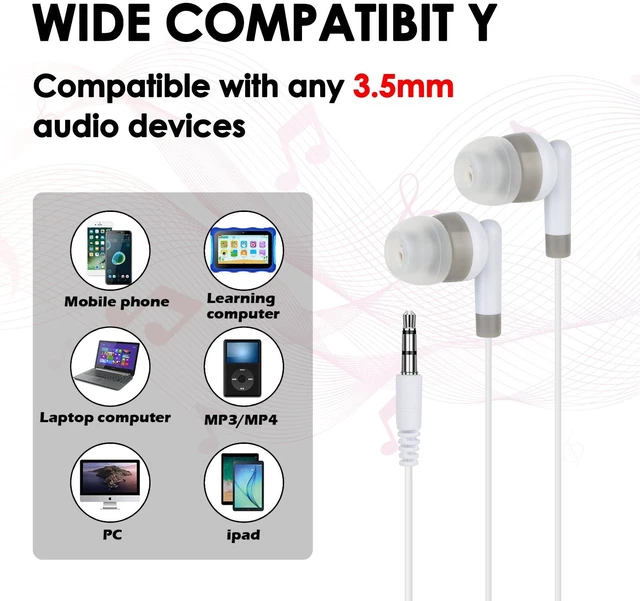 Alt view image 4 of 7 - 100 Pack Bulk Kids Earbuds for Classroom School Student,Wired In Ear Headphones,Wholesale Earphones for Chromebook Laptop PC,3.5mm Jack,Individually Bagged (White)