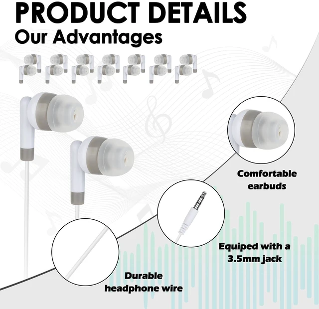 Alt view image 3 of 7 - 100 Pack Bulk Kids Earbuds for Classroom School Student,Wired In Ear Headphones,Wholesale Earphones for Chromebook Laptop PC,3.5mm Jack,Individually Bagged (White)