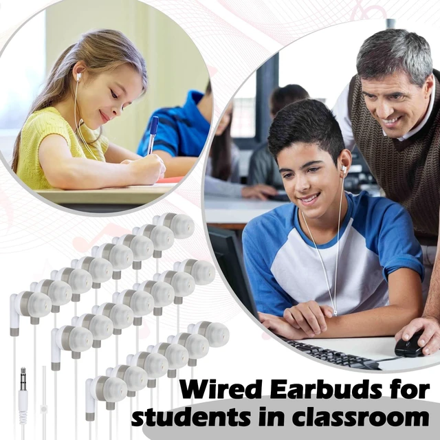 Alt view image 7 of 7 - 100 Pack Bulk Kids Earbuds for Classroom School Student,Wired In Ear Headphones,Wholesale Earphones for Chromebook Laptop PC,3.5mm Jack,Individually Bagged (White)