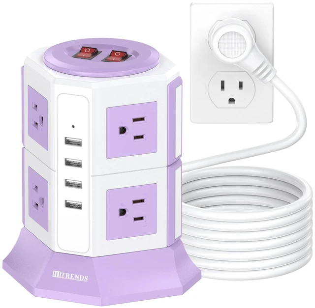 Main image of Purple Tower Power Strip with 8 AC Outlets and 4 USB Ports, 1050J Overload Protection, 16AWG 15 Ft Flat Plug Extension Cord, Space Saving Vertical Design for Home Office and Dorm Room