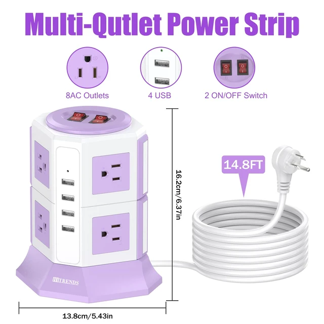 Alt view image 2 of 7 - Purple Tower Power Strip with 8 AC Outlets and 4 USB Ports, 1050J Overload Protection, 16AWG 15 Ft Flat Plug Extension Cord, Space Saving Vertical Design for Home Office and Dorm Room