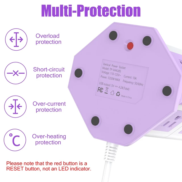 Alt view image 4 of 7 - Purple Tower Power Strip with 8 AC Outlets and 4 USB Ports, 1050J Overload Protection, 16AWG 15 Ft Flat Plug Extension Cord, Space Saving Vertical Design for Home Office and Dorm Room