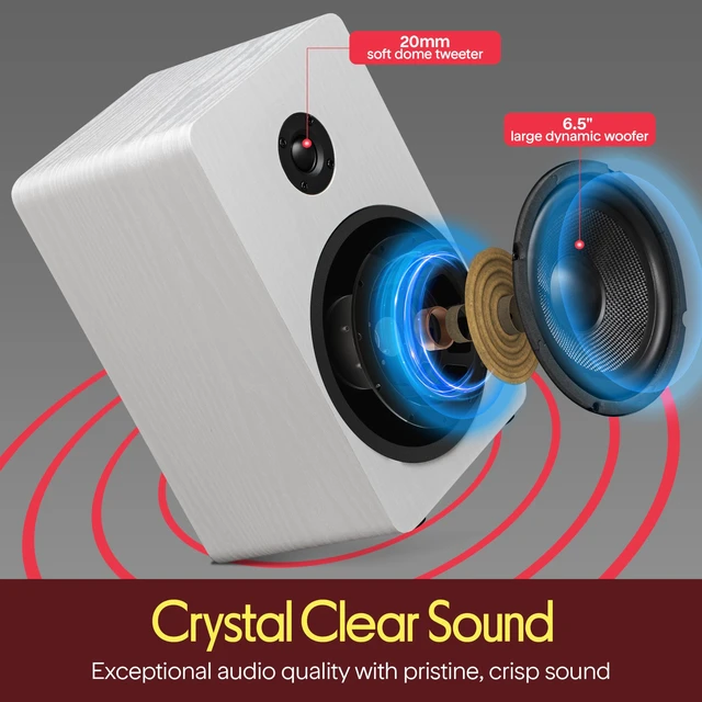 Alt view image 2 of 7 - 6.5 Bookshelf Speakers - Pair of Wired Bookshelf Speakers with Wall Mount Brackets, 2-Way HiFi Home Theater with Fiberglass Cone, Soft Dome Tweeter, Compact Design, 11.7 x 7 x 6.5, White