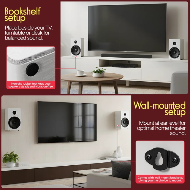 Alt view image 4 of 7 - 6.5 Bookshelf Speakers - Pair of Wired Bookshelf Speakers with Wall Mount Brackets, 2-Way HiFi Home Theater with Fiberglass Cone, Soft Dome Tweeter, Compact Design, 11.7 x 7 x 6.5, White