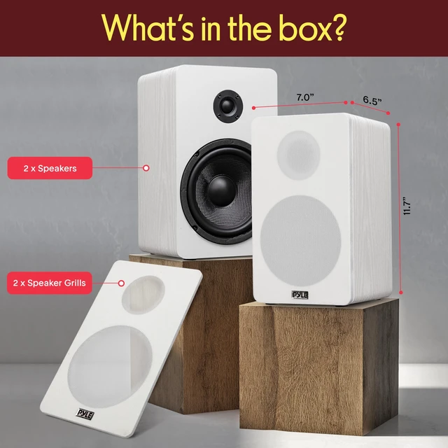 Alt view image 7 of 7 - 6.5 Bookshelf Speakers - Pair of Wired Bookshelf Speakers with Wall Mount Brackets, 2-Way HiFi Home Theater with Fiberglass Cone, Soft Dome Tweeter, Compact Design, 11.7 x 7 x 6.5, White
