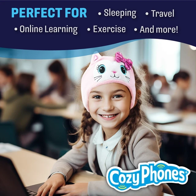 Alt view image 5 of 7 - Over The Ear Headband Headphones - Kids Headphones Volume Limited with Thin Speakers & Super Soft Fleece Headband - Pink Kitty