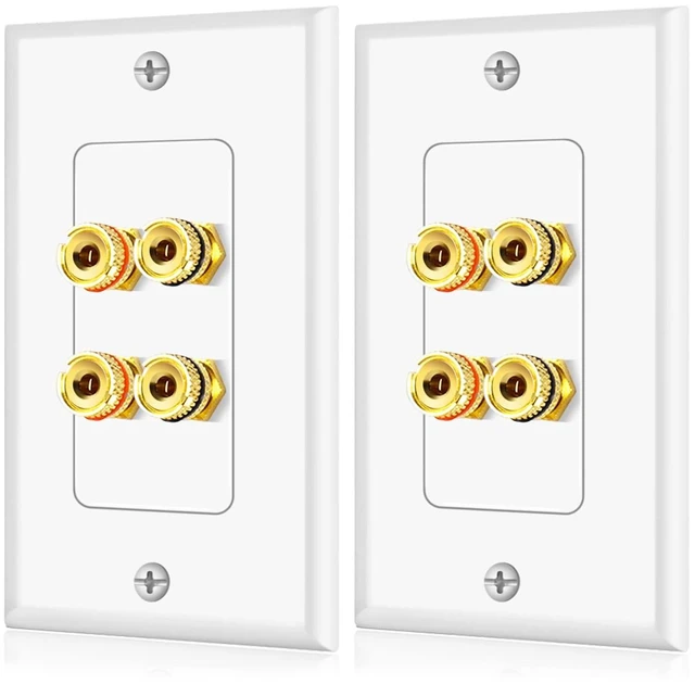 Main image of Home Theater Wall Plate - Banana Plug Wall Plate, 2 Speaker Wire Wall Plate with Gold-Plated Terminals, Single Gang Audio Wall Plate, in-Wall Surround Sound Connection Plates, White, 2 Pack