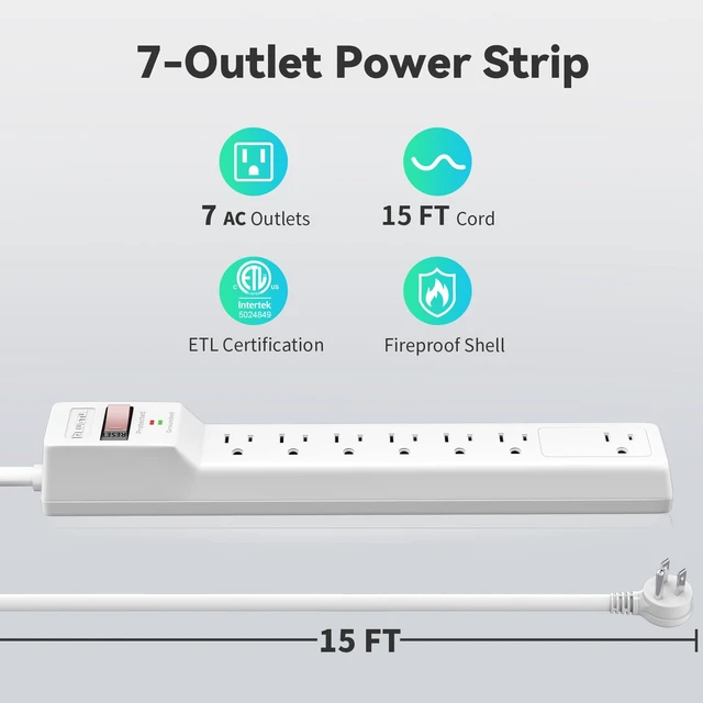 Alt view image 2 of 7 - Surge Protector 15FT (980 Joules), Flat Plug Power Strip, Extension Cord with Multiple Outlets, 7 Outlets, ETL Listed, 14 Gauge, Wall Mountable for Home Office Garage, White