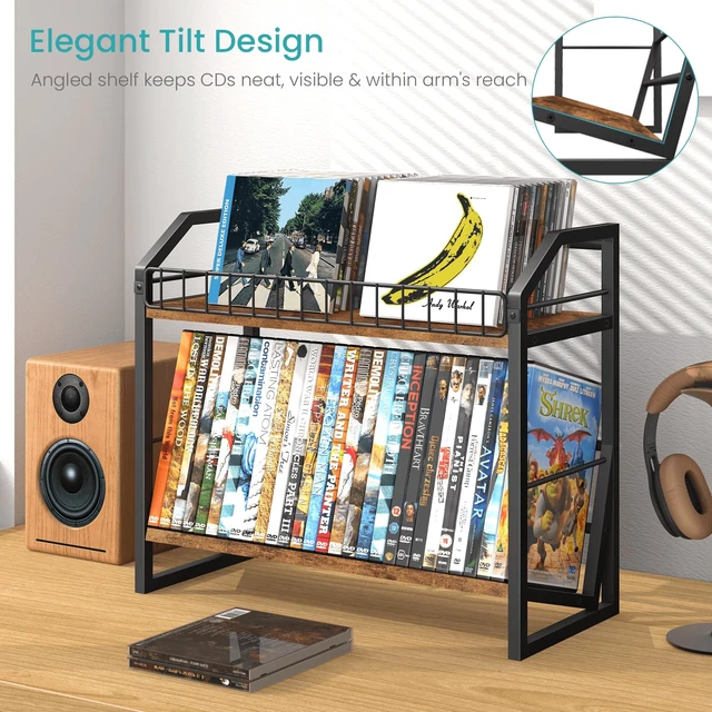 Alt view image 2 of 7 - 2 Tier CD Holder, Wooden DVD Storage Rack, Tilting CD Tower CD Shelf for Display Holds Up to Standard 80 CDs or 56 DVDs, Desktop DVD Organizer Stand for Music Enthusiasts, Rustic Brown