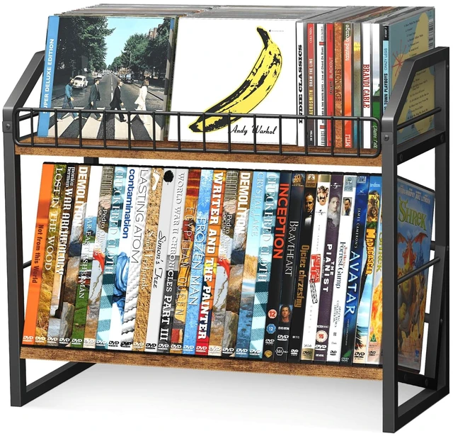 Main image of 2 Tier CD Holder, Wooden DVD Storage Rack, Tilting CD Tower CD Shelf for Display Holds Up to Standard 80 CDs or 56 DVDs, Desktop DVD Organizer Stand for Music Enthusiasts, Rustic Brown