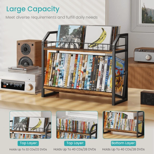 Alt view image 3 of 7 - 2 Tier CD Holder, Wooden DVD Storage Rack, Tilting CD Tower CD Shelf for Display Holds Up to Standard 80 CDs or 56 DVDs, Desktop DVD Organizer Stand for Music Enthusiasts, Rustic Brown