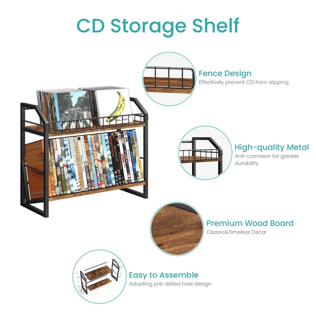 Alt view image 4 of 7 - 2 Tier CD Holder, Wooden DVD Storage Rack, Tilting CD Tower CD Shelf for Display Holds Up to Standard 80 CDs or 56 DVDs, Desktop DVD Organizer Stand for Music Enthusiasts, Rustic Brown
